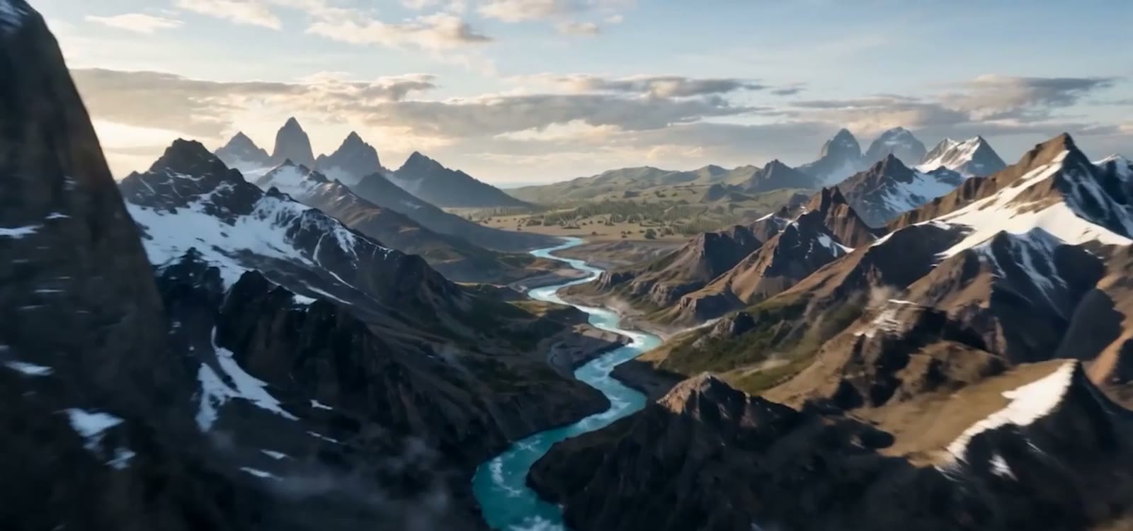 A cinematic aerial of a river winding through misty coastal mountains at golden hour.